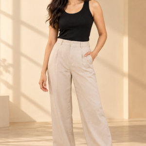 Woman wearing a black sleeveless top with cream wide-leg trousers in a warm neutral studio