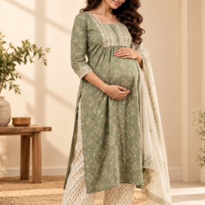 Pregnant model wearing sage-green maternity kurta and cream trousers